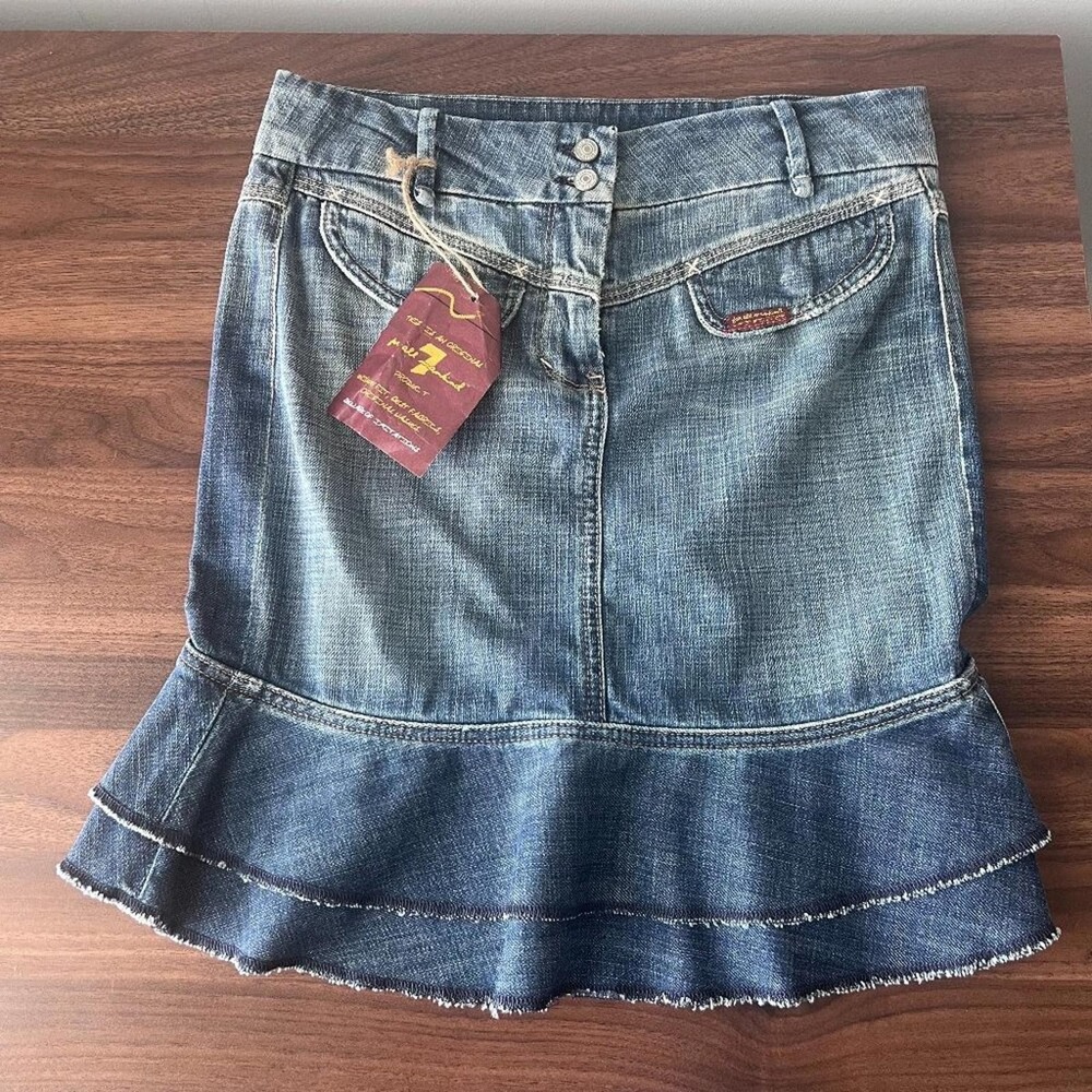 NWT 7 For All Mankind Tiered Ruffle Denim Mini Skirt Y2K Size 27โ